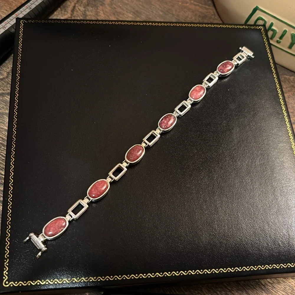 Vintage, Jay King, Silver, Pink Thulite & Nephrite Jade Reversible Link Bracelet - Picture 3 of 8